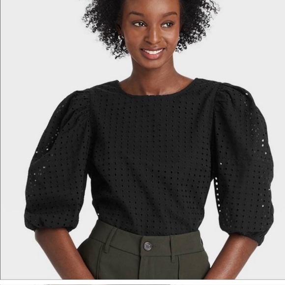 A New Day Black Puff Sleeve Blouse L - Picture 1 of 6